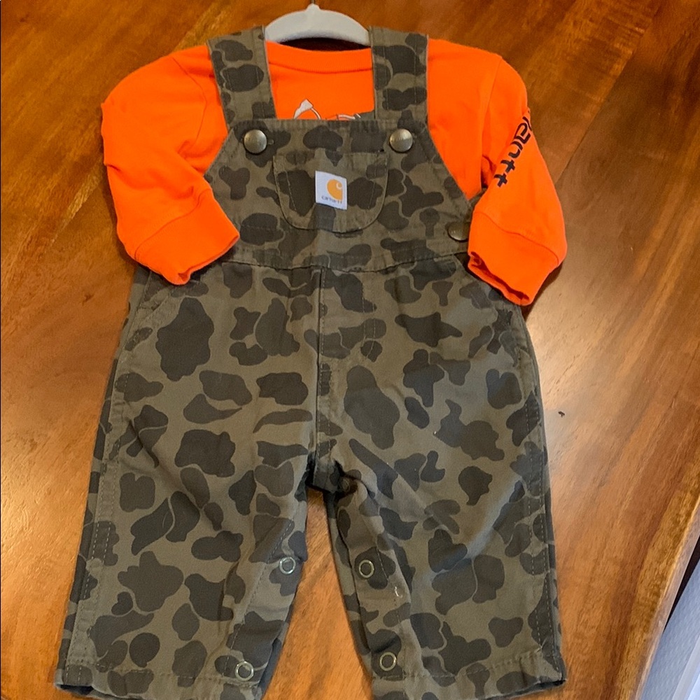 Carhartt Kids Camo Overalls with Orange Shirt 3 months